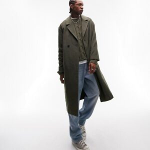 Topman oversized belted wool coat in khaki-Green