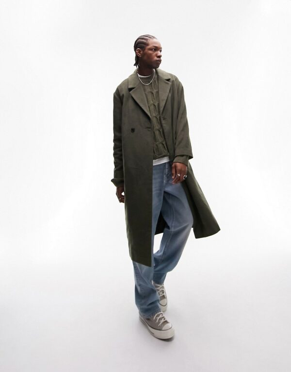 Topman oversized belted wool coat in khaki-Green