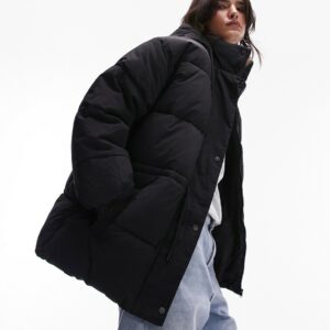 Topshop mid length tie waist puffer jacket in black