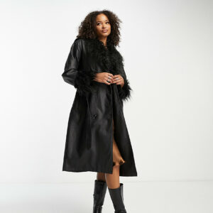 Urban Code Tall longline pu trench coat with faux shaggy fur collar in black