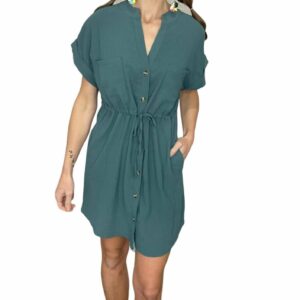 V-Neck Dolman Waist Cinch Midi Shirt Dress In Teal