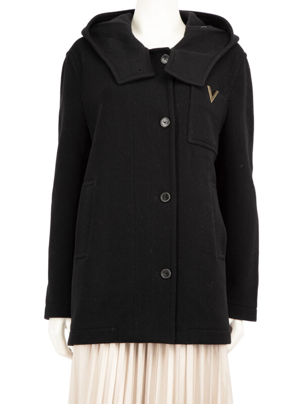 Valentino Garavani Black Wool Logo Hooded Coat