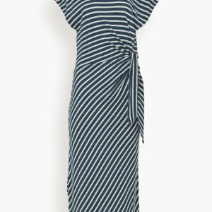 Vanina Cinched Waist Dress in Navy and Cream Stripe