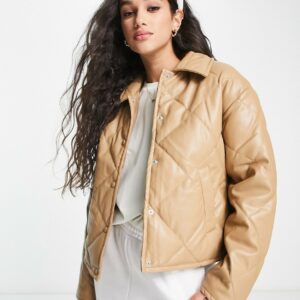 Vero Moda faux leather quilted jacket in beige-Neutral