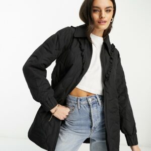 Vila quilted longline jacket with frill detail in black