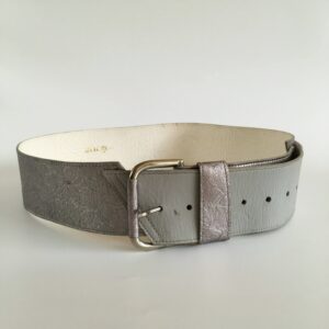 Vintage 80S Asymmetrical Grey Leather Belt For Women, Printed Genuine Silver Waist Belt, Statement Wide Hip Cincher