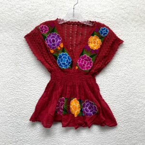 Vintage Boho Bohemian Top S Small Red Crochet Embroidered Floral Cinched Waist V-Neck in White, Women's