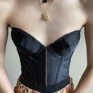 Vintage Swarovski Crystals Embellished Black Satin Bustier, Size 36B #10212