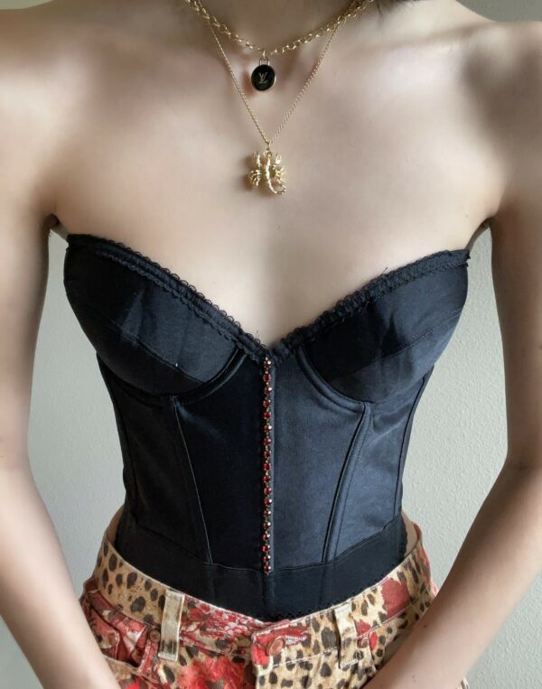 Vintage Swarovski Crystals Embellished Black Satin Bustier, Size 36B #10212