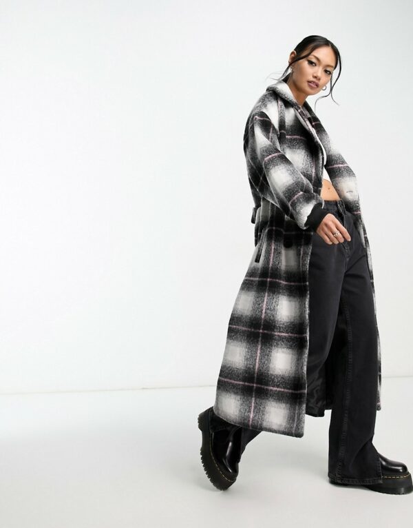 Violet Romance belted trench coat in black and white check