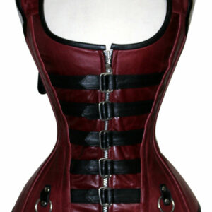 WOMEN STEEL BONED REAL LEATHER OVERBUST CORSET LACE UP BUSTIER TOP SHAPER