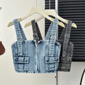 Washed Denim Zipper Bustier Top