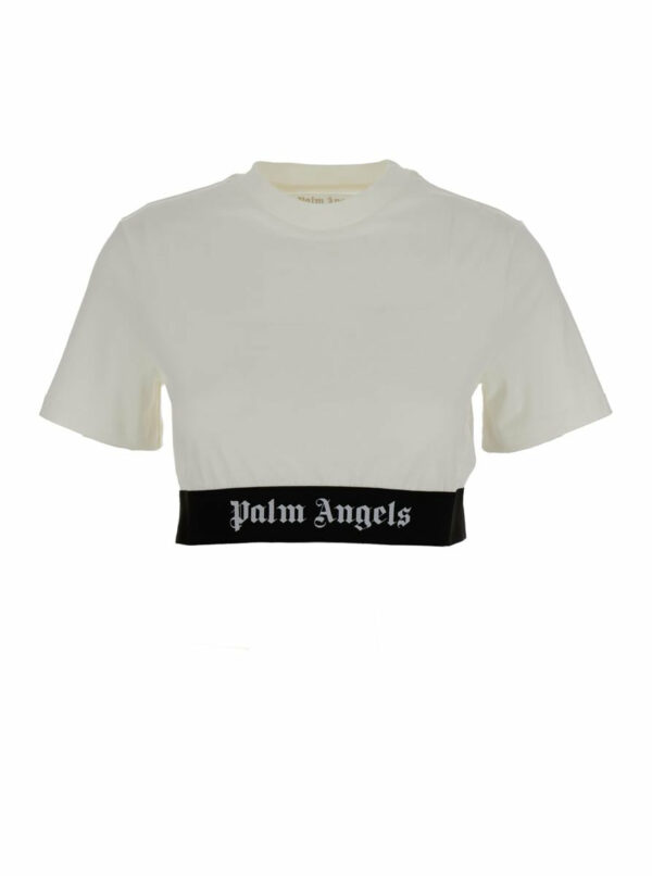 White Cropped T-Shirt With Jacquard Logo In Cotton Woman