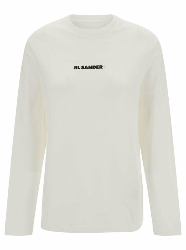 White Long Sleeve T-Shirt With Contrasting Logo Print In Cotton Woman