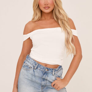 White Slinky Jersey Ruched Bardot Top - Lisa - Size 10