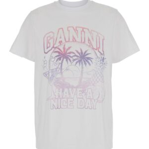 White T-Shirt With Ganni Cocktail Print In Jersey Woman