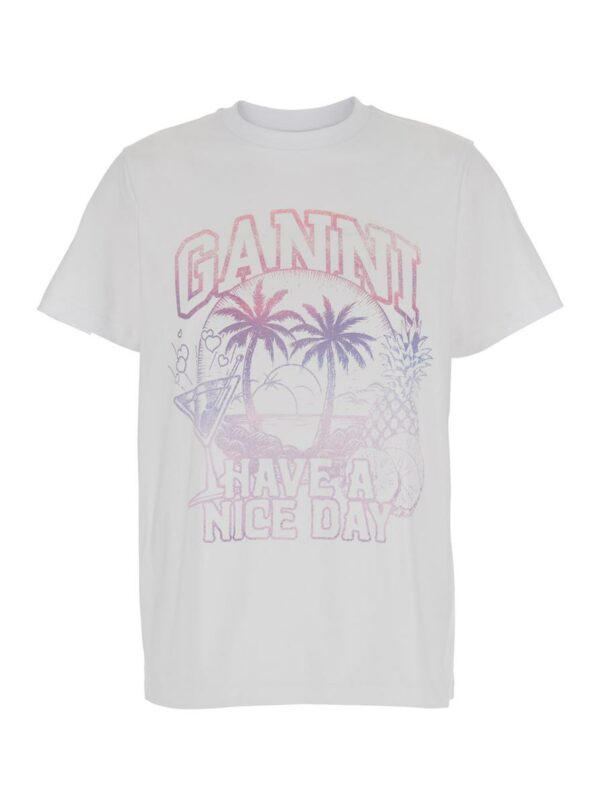 White T-Shirt With Ganni Cocktail Print In Jersey Woman