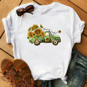 Woman Cotton Stain Resistant Flowers And Cars Print Short Sleeve T-shirt