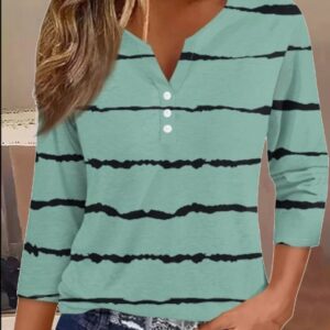 Women Abstract Stripes Three Quarter Sleeve T-shirt