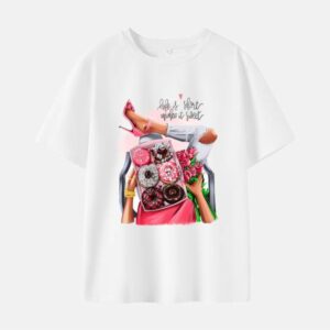 Women Beauty Dessert Print Cotton Stain Resistant Short Sleeve T-shirt