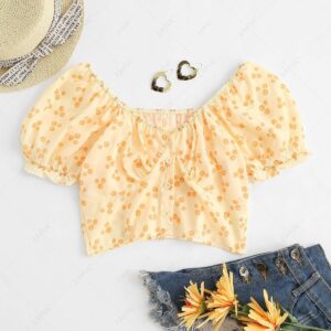 Women Blouses Printed Button Down Smocked Back Crop Milkmaid Top M Light yellow