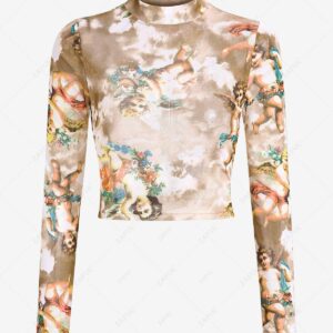 Women Blouses ZAFUL Mock Neck Angel Printed Renaissance Sheer Mesh Top S Multi a