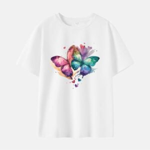 Women Butterfly Print Cotton Stain Resistant Short Sleeve T-shirt