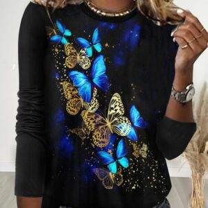 Women Casual Autumn Butterfly Daily Loose Long sleeve Regular H-Line Regular T-shirt