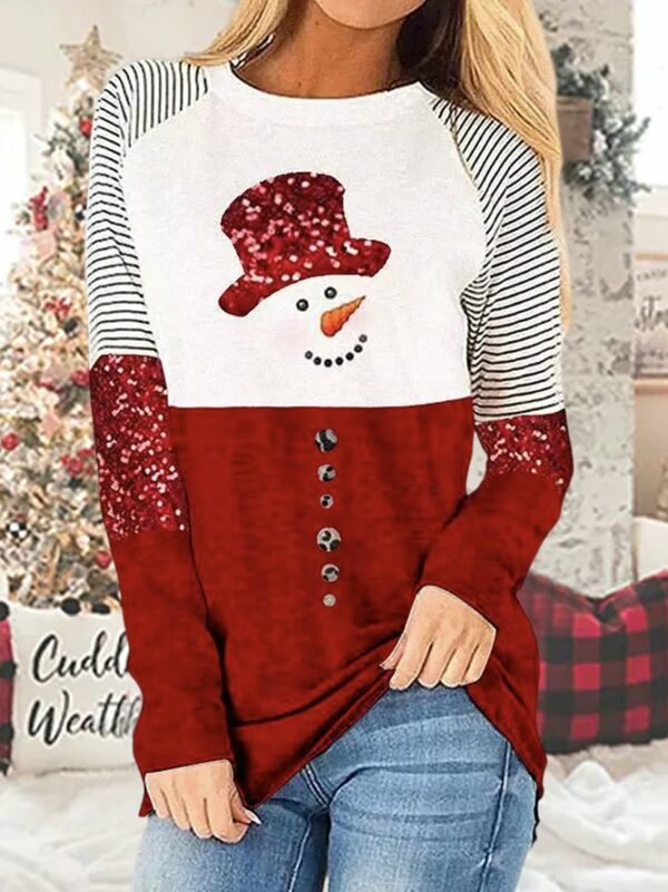 Women Casual Christmas Winter Polyester Long sleeve Crew Neck Regular H-Line Regular T-shirt