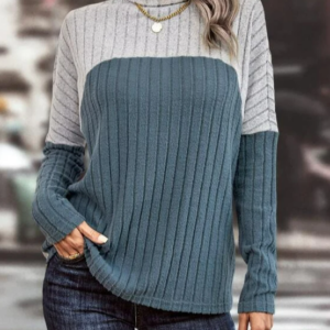 Women Casual Color Block Spring Knitted Micro-Elasticity Long sleeve Turtleneck Regular H-Line T-shirt