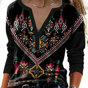 Women Casual Ethnic Autumn Polyester Daily Regular Fit Regular H-Line Regular T-shirt