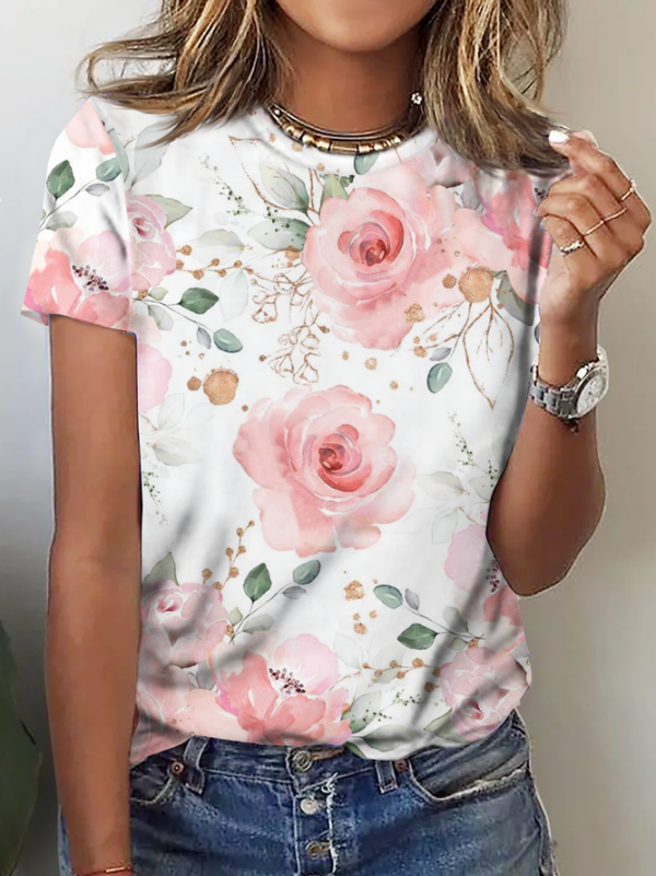 Women Casual Floral Summer Micro-Elasticity Loose Short sleeve Crew Neck Regular H-Line T-shirt