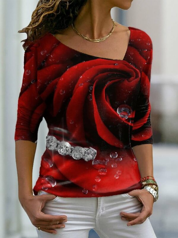 Women Casual Floral Winter Regular Fit Asymmetrical Regular H-Line Regular Medium Elasticity T-shirt