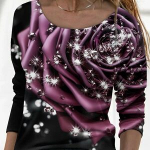 Women Casual Floral Winter Spandex Daily Loose H-Line Regular Medium Elasticity T-shirt