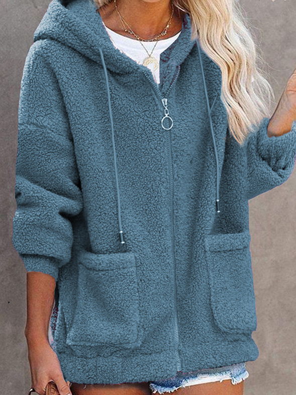 Women Casual Plain Winter Polyester Hoodie Natural Long Sleeve Mid-long Hooded Teddy Jackets