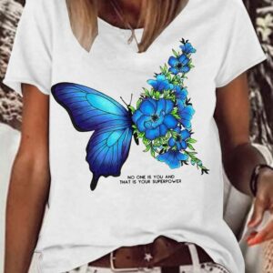 Women Casual Summer Text Letters No Elasticity Short sleeve Crew Neck Cotton-Blend Regular H-Line T-shirt