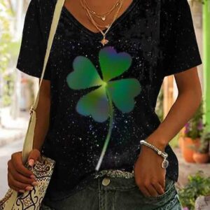 Women Casual Summer four-leaf clover V neck Natural Short sleeve H-Line Regular Medium Elasticity T-shirt