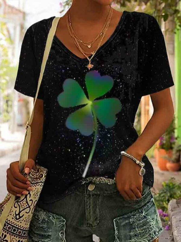 Women Casual Summer four-leaf clover V neck Natural Short sleeve H-Line Regular Medium Elasticity T-shirt