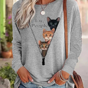 Women Casual Winter Cat Polyester Micro-Elasticity Loose Long sleeve Crew Neck Regular T-shirt