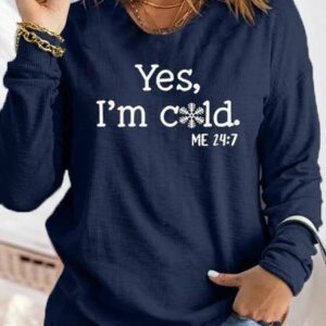 Women Casual Winter Text Letters Polyester Micro-Elasticity Loose Long sleeve Crew Neck Regular T-shirt