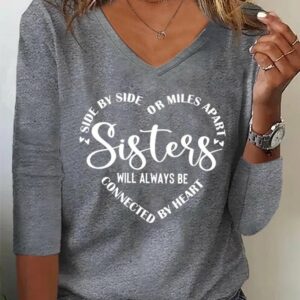 Women Casual Winter Text Letters V neck Micro-Elasticity Daily Long sleeve H-Line Regular T-shirt