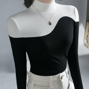 Women Color Block Winter Urban Stand Collar Micro-Elasticity Regular Fit Long sleeve Regular Regular T-shirt