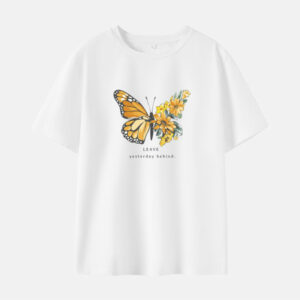 Women Cotton Stain Resistant Butterflies And Flowers Print Short Sleeve T-shirt