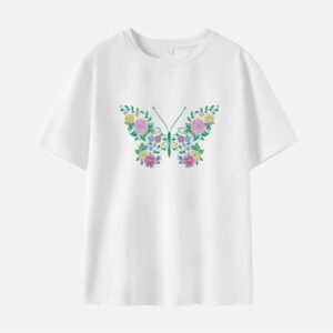 Women Cotton Stain Resistant Butterfly Print Short Sleeve T-shirt