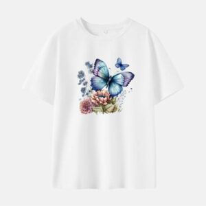 Women Flower Butterfly Print Cotton Stain Resistant Short Sleeve T-shirt