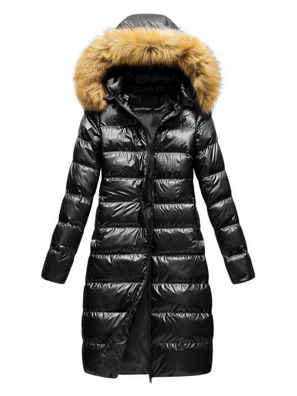 Women Jacket Black Puffer Coat Faux Fur Hooded Long Sleeves Quilted Jacket For Winter Cozy Active Outerwear