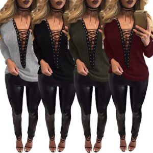 Women Lace Up T-Shirt Deep V-Neck Hollow Out Top Long Sleeve Eyelet Casual Basic Top