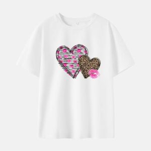 Women Leopard Lips Heart-shaped Print Cotton Stain Resistant Short Sleeve T-shirt