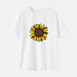 Women Leopard Sunflower Print Cotton Stain Resistant Short Sleeve T-shirt