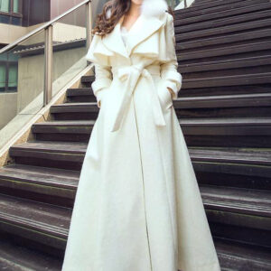 Women Maxi Coat Faux Fur Collar Long Sleeve Belted Slim Fit Wool Coat